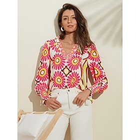 Satin Floral Print V Neck Shirt