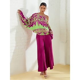 Satin Floral Top Solid Color Pants Two-piece Set