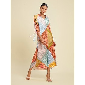 Colorful Silk Scarf Printed Tie Sleeve Maxi Dress