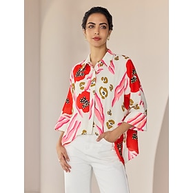 Floral Magyar Sleeve Irregular Hem Shirt Collar Casual Daily Shirt