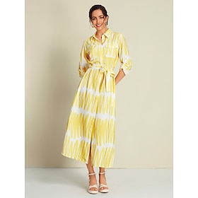 Satin Lines Shirt Collar Maxi Shirt Dress