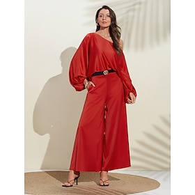 Satin Solid Puff Sleeve Cold Shoulder Culottes Suit