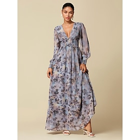 Women's Maxi Dress Wedding Guest Blue Long Sleeve Flower / Plants Chiffon Printing Spring Fall V Neck Pattern Dress Flying Dress Corset Dresses S M L