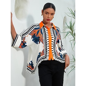 Women's Satin Silk Shirt Plaid / Striped / Chevron / Round Flower / Plants Daily Wear Magyar Sleeve Black Color Block Printing Geometrical 3/4-Length Sleeve Mo