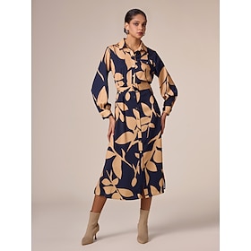 Satin Floral Printing Shirt Collar Casual Midi Dress