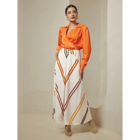 Satin Orange Crossover Collar Blouse Multi Color Stripe Wide Leg Pants Two Piece Sets