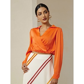 Satin Orange Crossover Collar Casual Daily Blouse