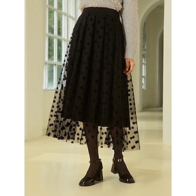 Knit Polka Dot Flocking Mesh Lined Midi Skirt