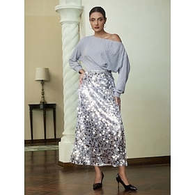 Party Off Shoulder Blouse Sequin Silver Skirt Two Piece Set